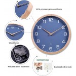 Kesin 12 Inches Wood Blue Wall Clock Silent Round Modern Wall Clocks Battery Operated with Large Numbers & HD Glass Decorative Home Kitchen Living Room Bedroom Kid's Room Office - B9RRMDMB6