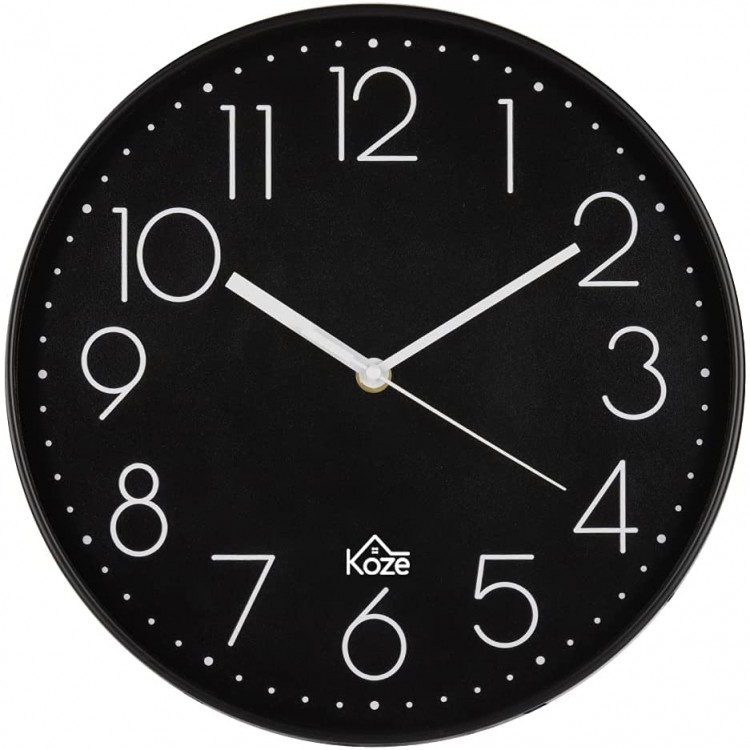 KOZE 12 Inch Smooth Motion Non-Ticking Black Wall Clock Decorative Raised Numbers Round Clock Décor for Kitchen Home Bedroom Living Room or Office Great Wedding or House Warming Gift Black - BOFPF9PBI