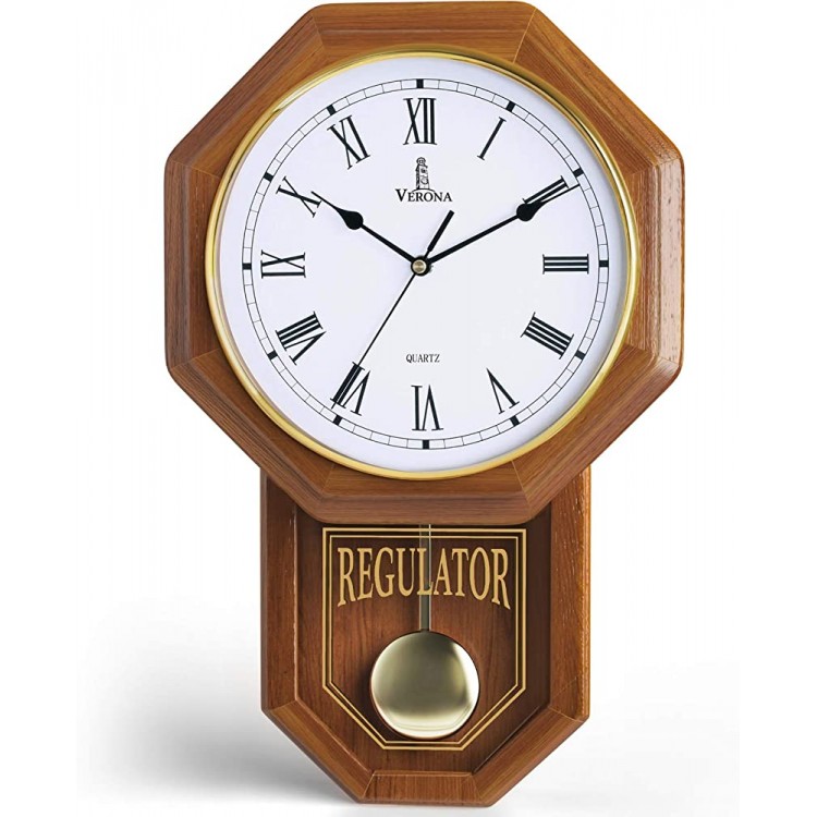 Pendulum Wall Clock Decorative Wood Wall Clock with Pendulum Schoolhouse Clock Regulator Design Battery Operated & Silent Wooden Pendulum Clock for Living Room Office Home Decor & Gift 18x11 - BZCJ7QFHH