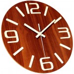 Plumeet Luminous Wall Clocks 12'' Non-Ticking Silent Wooden Clock with Night Light Large Decorative Wall Clock for Kitchen Office Bedroom,Battery Operated 3D Number Brown Face - BEJ69VGKW