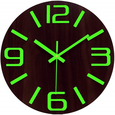 Plumeet Luminous Wall Clocks 12'' Non-Ticking Silent Wooden Clock with Night Light Large Decorative Wall Clock for Kitchen Office Bedroom,Battery Operated 3D Number Brown Face - BEJ69VGKW