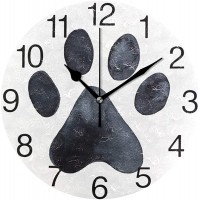senya Black Dog Paw Print Design Round Wall Clock Silent Non Ticking Oil Painting Decorative for Home Office School Clock Art - BPFSSJ42P