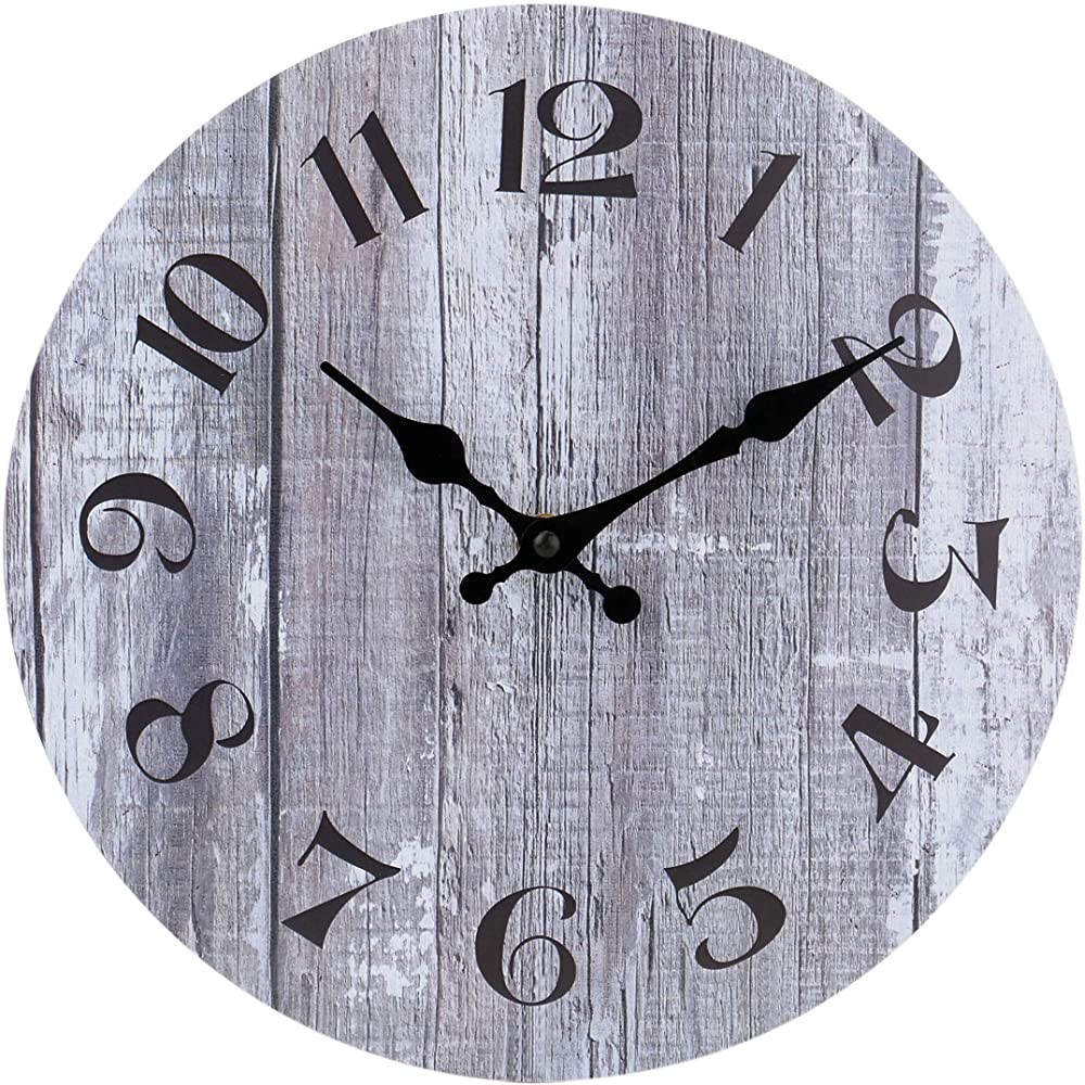 Silent Non-Ticking Wooden Decorative Wall Clock Quartz Battery Operated Wall Clocks Vintage Rustic Country Tuscan Style Gray Wooden Home Decor Round Wall Clock 10 Inch - BH5Y2ZFE0
