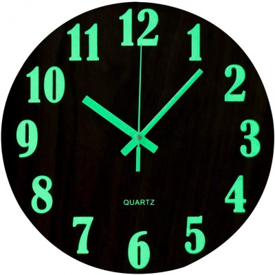 Topkey 12 Inch Luminous Wall Clock Silent Wooden Design Night Lights Round Wall Clock for Living Room and Bedroom Battery Not Included Brown - BWHQ4W9DQ