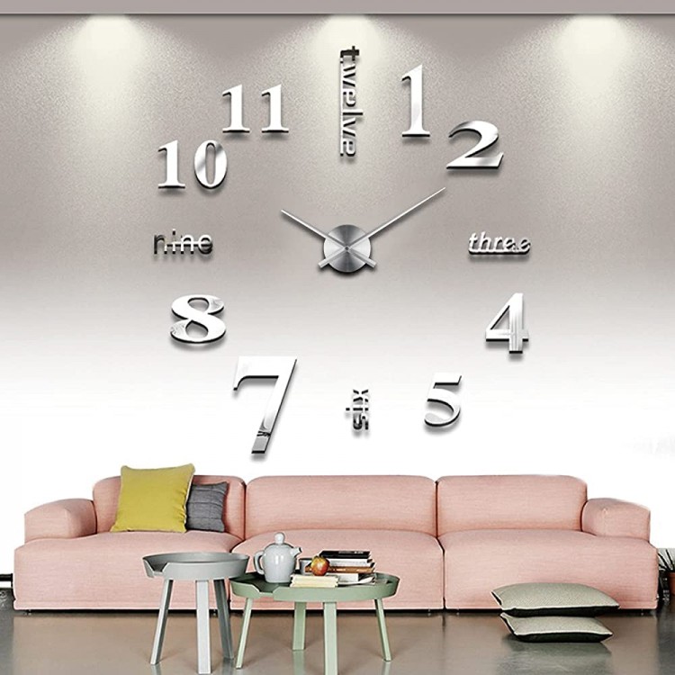 VinJoyce 3D DIY Large Wall Clocks for Living Room Decor Wall Stickers Clocks for Living Room Decor Silent Modern Wall Clock for Kitchen Office School Home Bedroom Living Room Silver - B1B2ATHM9