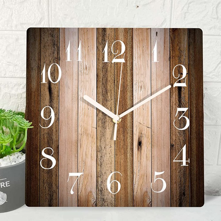 Wooden Wall Clock Silent Non-Ticking Wood Barn Board Brown Pine Plank Retro Square Rustic Coastal Wall Clocks Décor for Home Kitchen Living Room Office Battery Operated12 Inch - BX2PCAAOP