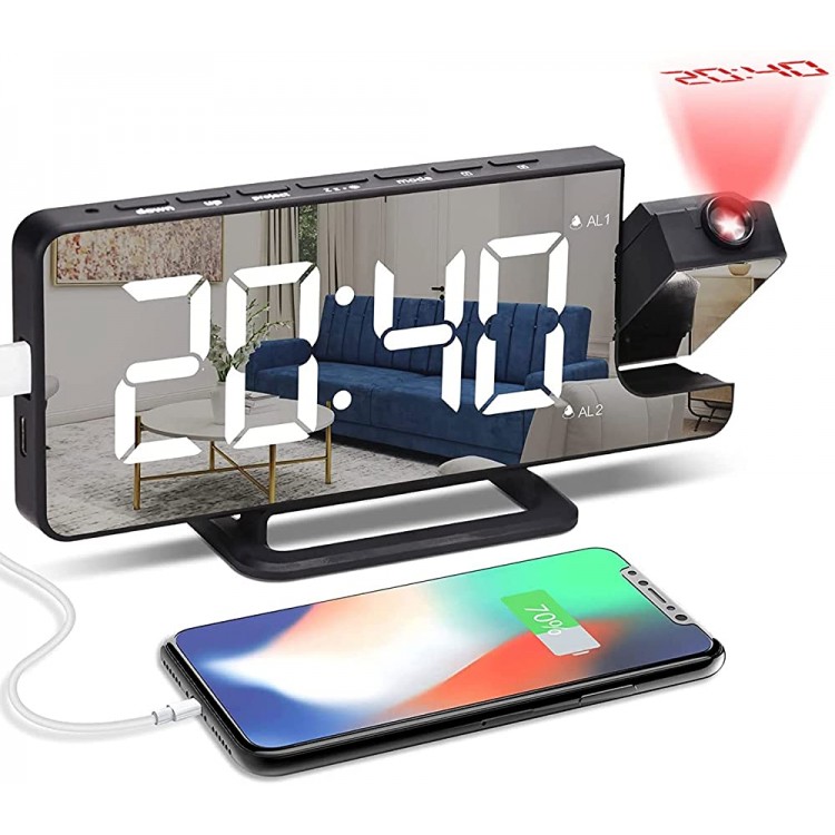 Alarm Clock with Projection on Ceiling for Bedrooms，Kids Digital Alarm Clock with Wireless Charging Clock with 180°Projection on Ceiling for Heavy Sleepers - BHGVKUHE4