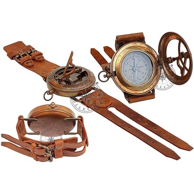 Hanzla Collection Steampunk Brass Sundial Compass Handmade Leather Band Wrist Compass and Nautical Sundial Watch - BPO39IFAO