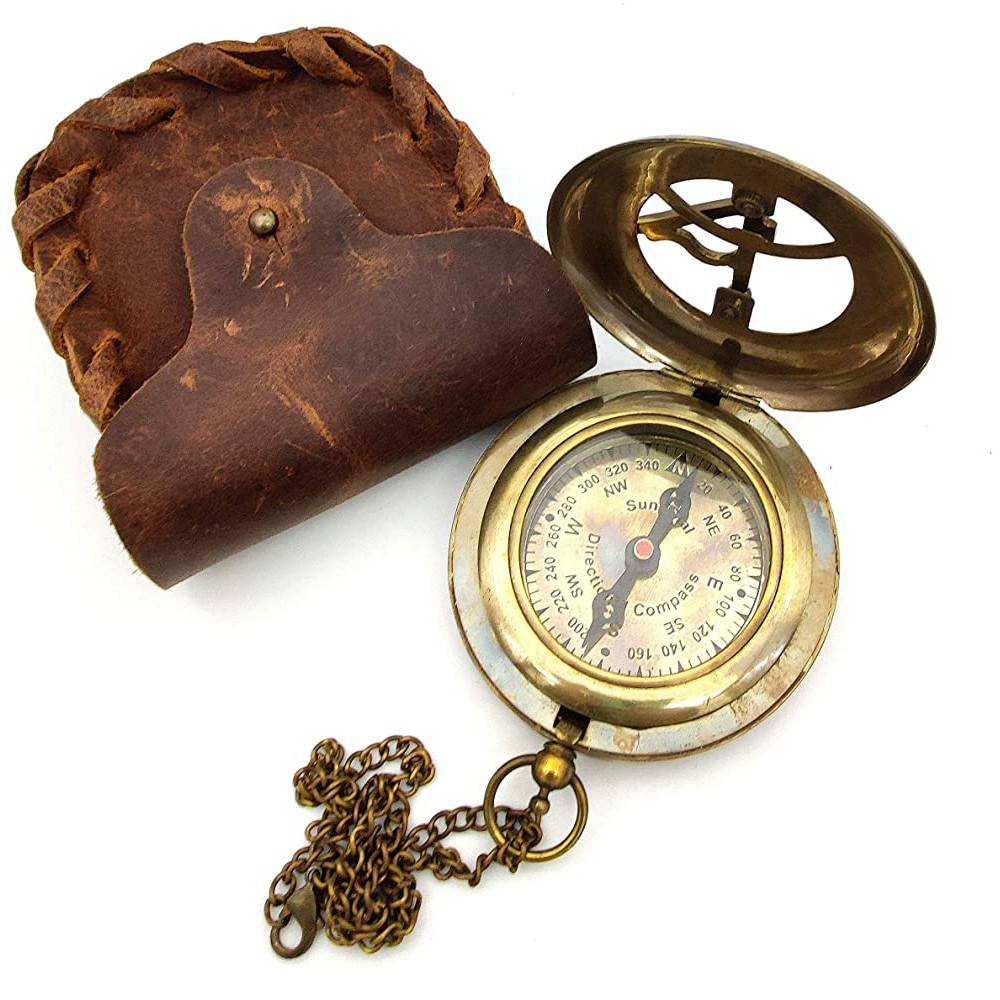 OCEAN REPLICAS Handmade Brass Sundial Compass with Leather Case and Chain Push Open Compass Steampunk Accessory Antiquated Finish Beautiful Handmade Gift -Sundial Clock - BN8KFUVB5