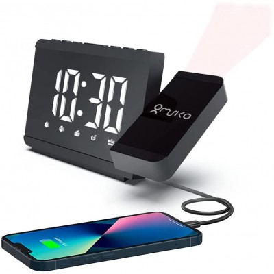 Projection Alarm Clock with FM Radio for Bedroom LED Digital Clock with Rotatable 180° Ultra-Clear Projector on Ceiling Auto Dimmer USB Charging Port  Dual Alarms with Snooze 12 24 Hours Black - B7UHG40PA
