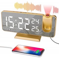 Projection Digital Alarm Clock for Rooms Radio Alarm Clock with Projection on Ceiling Dual Alarms USB Charger Port Temperature & Humidity Display 7.3” Large Mirror LED Display Loud Clock Gold - BM4T65PZQ