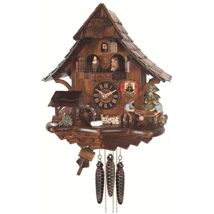 Quartz Cuckoo Clock Black Forest house with moving sawyer couple and mill wheel with music - BI0YORMBO