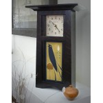 American Made Tall Craftsman Style Mantel Shelf Clock with Songbird Art Tile Oak Wood with Slate Finish 15 - B49EAAQO4