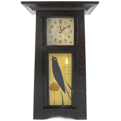 American Made Tall Craftsman Style Mantel Shelf Clock with Songbird Art Tile Oak Wood with Slate Finish 15" - B49EAAQO4