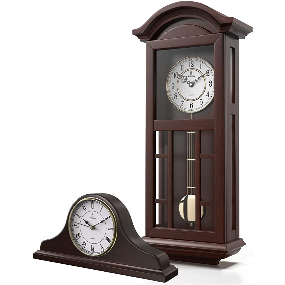 Mantel Clock & Pendulum Wall Clock Battery Operated Set Silent Quartz Wood Pendulum Clock & Mantle Clock Decorative for Living Room Office & Home Décor Gift - BJ2JQSW60