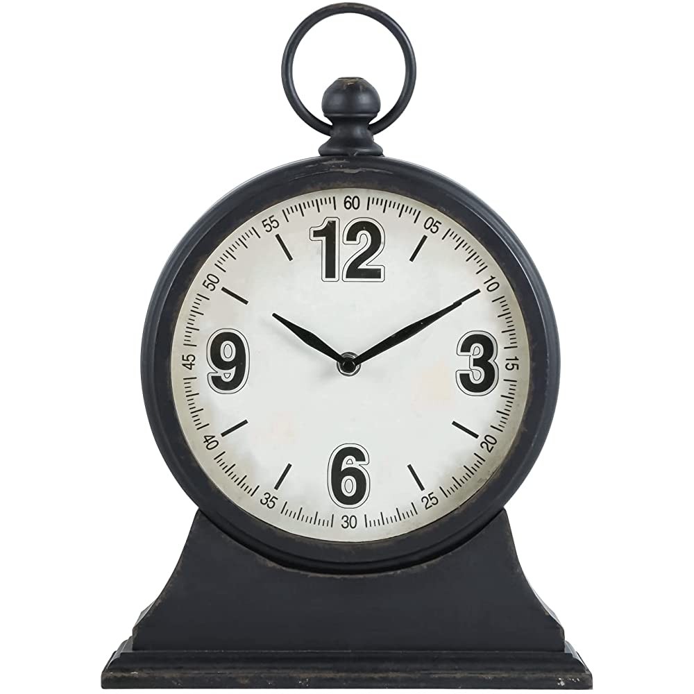 SOFFEE DESIGN 10'' x 15'' Big Size Table Clock with Base & Handle Oversized Distressed Analog Mantel Clock Silent Non Ticking Battery Operated Tabletop Clock for Living Room & Fireplace Black - BK05Y98ME