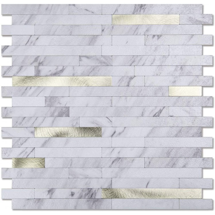 Art3d 10-Sheet Peel and Stick Stone Overlay Kitchen Backsplash Tile Volakas White Embellished with Metal Gold - B9UDIO11C