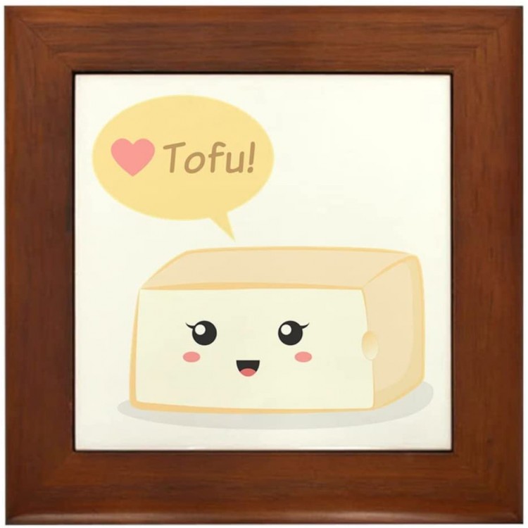 CafePress Kawaii Tofu Asking People to Love Tofu Framed Tile Framed Tile Decorative Tile Wall Hanging - B3EPSEN8W