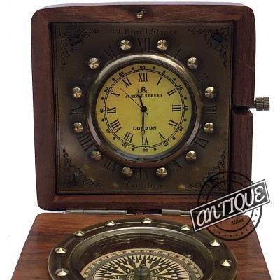 AV Vintage Wood Clock Compass in Rose Wood Box Desk Table Clocks Bedside Men WomenGifts - BOEZSQX0Z