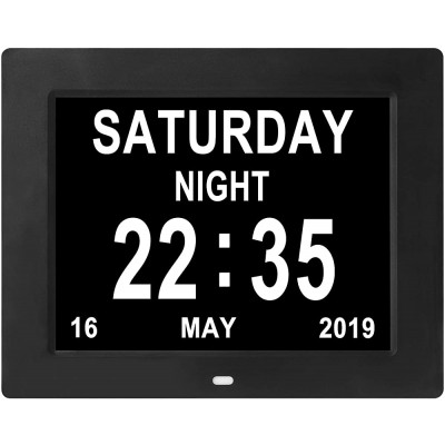 Digital Day Calendar Clock 12 Alarms Auto-Dim Options Non-Abbreviations Day & Month Electronic Dementia Alzheimer Vision Impaired Memory Loss Desk Wall Clock - B3Z114A1Q
