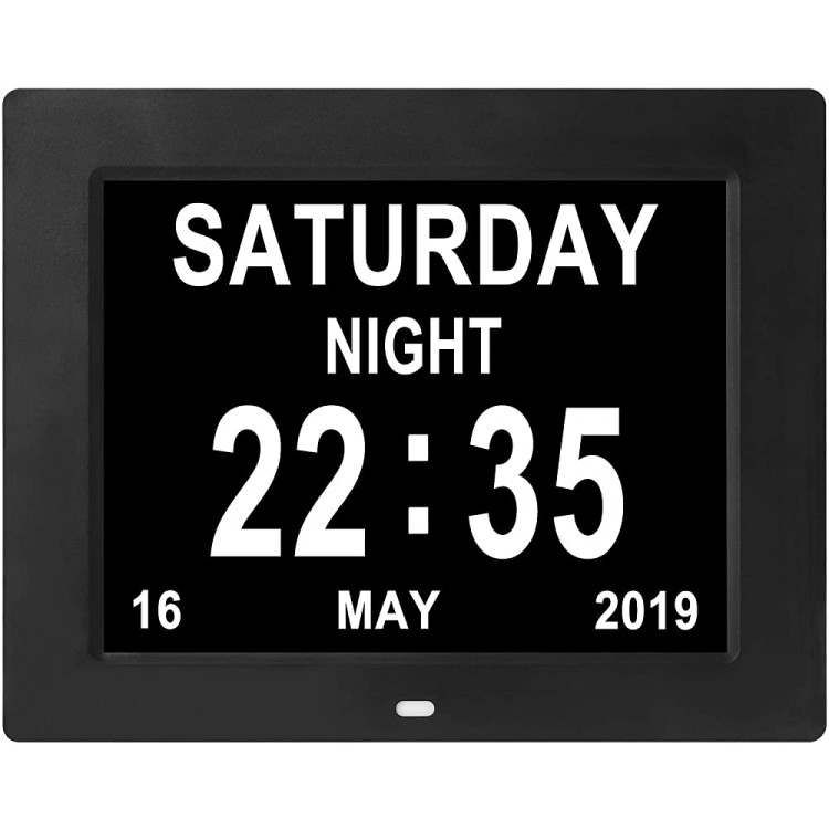 Digital Day Calendar Clock 12 Alarms Auto-Dim Options Non-Abbreviations Day & Month Electronic Dementia Alzheimer Vision Impaired Memory Loss Desk Wall Clock - B3Z114A1Q