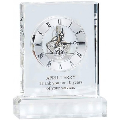 Engraved Clock Trophy Executive Crystal Rectangular Shaped on a Rectangular Base Silver Inset Time Piece Silver - B3EAKP5LA