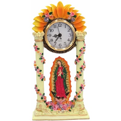 GGCI Our Lady of Guadalupe Resin Statue Desk Clock,Virgen de Guadalupe with Sun Flower Shape - B8BYPTG2X