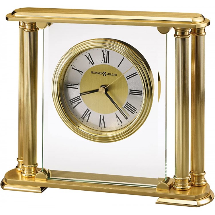 Howard Miller Athens Table Clock 613-627 – Brushed Solid Brass Finish Glass Crystal Polished Edges Brass Feet & Felt Bottom Antique Home Décor Quartz Movement - BWJG6OLGH