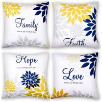 4 Pcs Yellow Flower Navy Pillow Covers Square Pillow Cushion Cases 18x18 Inch Family Faith Hope Love Words Pillow Cases Decorative Spring Summer Pillow Case for Sofa Bed Yellow Series - BV842METC