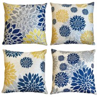 4-Piece Set of Navy Blue Modern Golden Flowers Throw Pillow Covers 18 x 18 inches Gray and Yellow Floral Home Decoration Pillow Covers Cushion Covers for Sofa Living Room Bedroom Courtyard - B67I0LO69