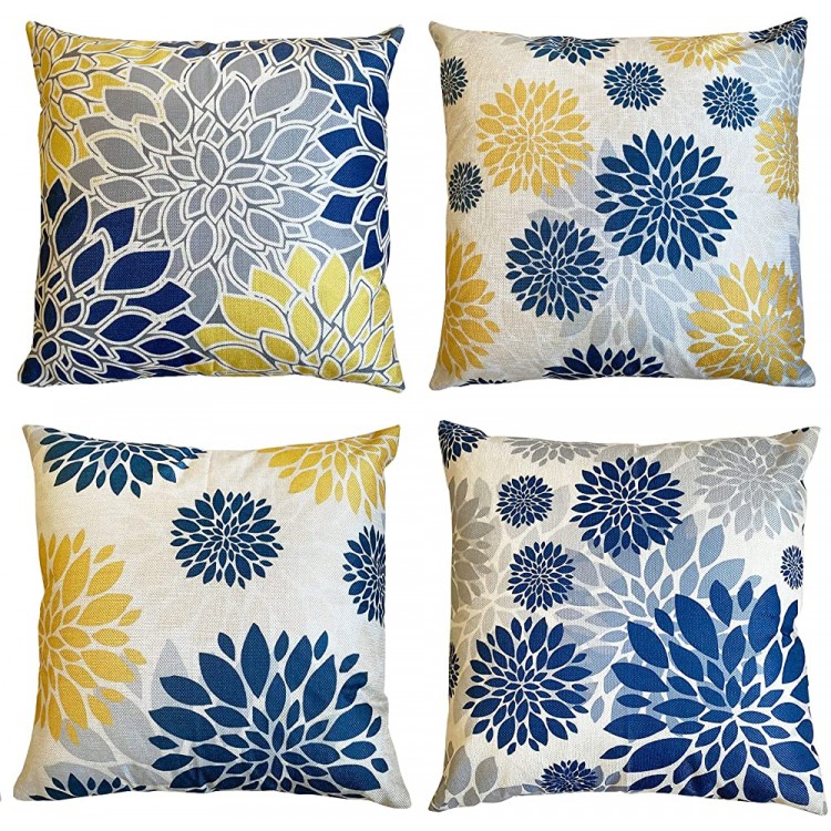 4-Piece Set of Navy Blue Modern Golden Flowers Throw Pillow Covers 18 x 18 inches Gray and Yellow Floral Home Decoration Pillow Covers Cushion Covers for Sofa Living Room Bedroom Courtyard - B67I0LO69