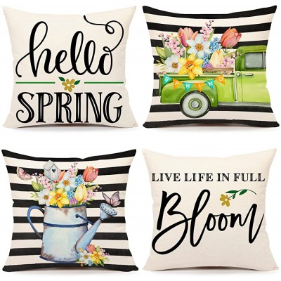 4TH Emotion Stripe Spring Pillow Covers 18x18 Set of 4 Farmhouse Decor Floral Bloom Truck Holiday Decorations Throw Cushion Case for Home Decorations TH090 - B0IV2Z5GH