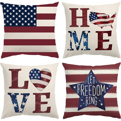 4th of July Decorations Pillow Covers 18x18 Independence Day Memorial Day Set of 4 American Flag Stars and Stripes Patriotic Throw Pillow Covers USA Freedom Pillows Decor - BMY5LQVHC