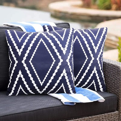 Adabana Outdoor Waterproof Boho Throw Pillow Covers Geometric Pillow Cases for Patio Garden Set of 2 18 X 18 Inches Navy Blue - BTSM3UITU