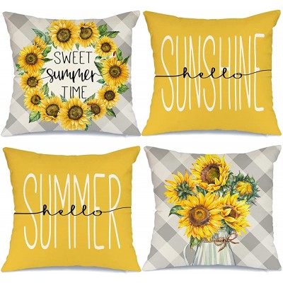 AENEY Summer Pillow Covers 18x18 Inch Set of 4 Summer Decor Summer Decorations for Home Sunflower Sunshine Buffalo Check Plaid Pillows Decorative Throw Pillows Cushion Case for Sofa Couch - BWADBHZ87