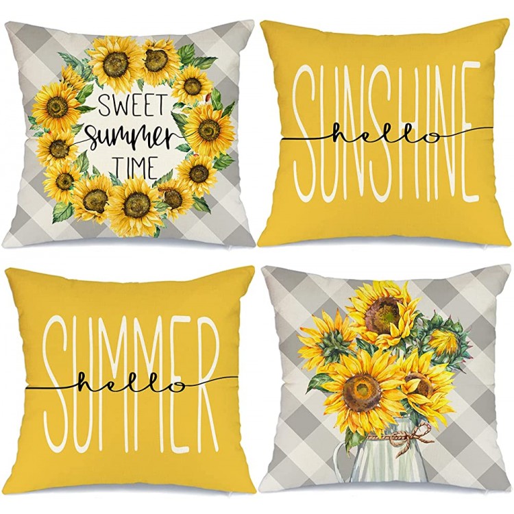 AENEY Summer Pillow Covers 18x18 Inch Set of 4 Summer Decor Summer Decorations for Home Sunflower Sunshine Buffalo Check Plaid Pillows Decorative Throw Pillows Cushion Case for Sofa Couch - BWADBHZ87