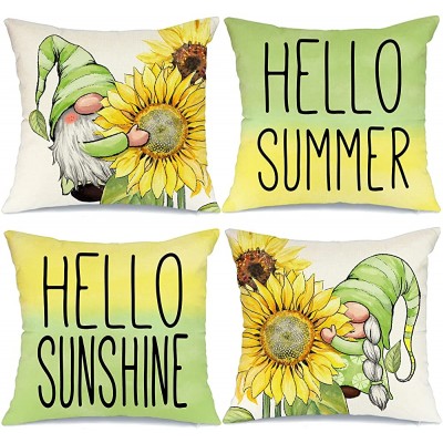 AENEY Summer Pillow Covers 18x18 Inch Set of 4 Summer Decor Summer Decorations for Home Gnomes Sunflower Hello Summer Sunshine Summer Pillows Decorative Throw Pillows Cushion Case for Sofa Couch - BCJ920ERI