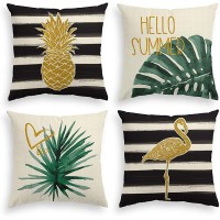 AVOIN colorlife Watercolor Stripes Tropical Plants Throw Pillow Cover 18 x 18 Inch Pineapple Flamingo Monstera Cushion Case for Sofa Couch Set of 4 - B8JNPSU8E