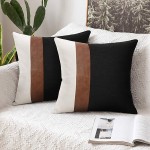 cygnus Set of 2 Faux Leather and Linen Throw Pillow Covers 18x18 Inch Black and White Modern Decorative Accent Cushion Cover for Couch Sofa,Black - BZKDGJXS0