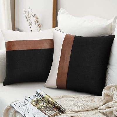 cygnus Set of 2 Faux Leather and Linen Throw Pillow Covers 18x18 Inch Black and White Modern Decorative Accent Cushion Cover for Couch Sofa,Black - BZKDGJXS0