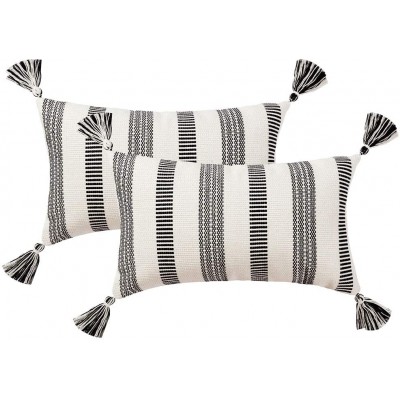 Decorative Lumbar Black White Throw Pillows Cover Set Modern Striped Boho Farmhouse Pillow Cover Neutral Textured Couch Pillow Cases 12x20 Inches 2 Pack - BM2AP59JE