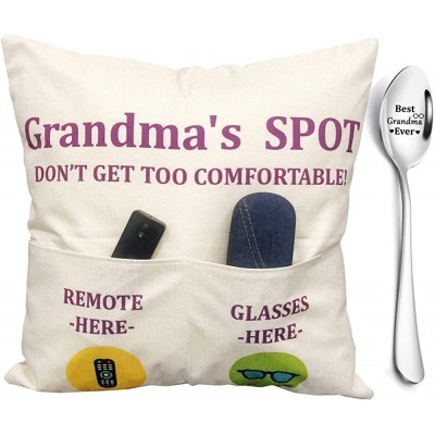 Grandma Gifts 2-Pocket Grandma’s Spot Throw Pillow Covers 18x18 Inch + Best Grandma Ever Engraved Spoon Birthday Christmas Anniversary Thanksgiving Day Gifts for Grandma Mom Gigi Nana Mimi - BNEMBXE0Z