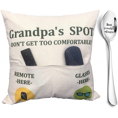 Grandpa Gifts 2-Pocket Grandpa’s Spot Throw Pillow Covers 18x18 Inch + Engraved Spoon Father’s Day Birthday Christmas Thanksgiving Day Gifts for Papa Granddad - B11C2NAOI