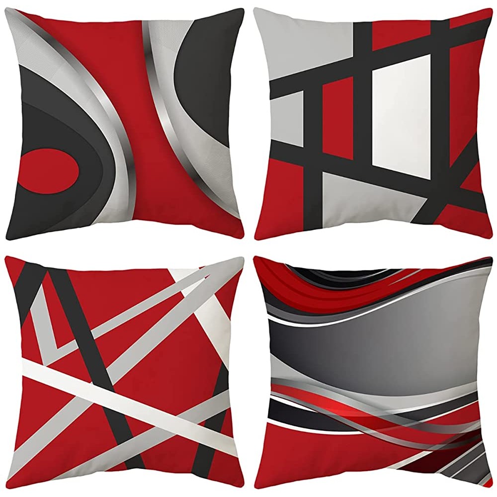 Harraca Red Throw Pillow Covers Decorative Modern Abstract Stripes Geometric Pattern Decorations 18x18 inch Square Decor for Couch Sofa Living Room Bedroom Home Set of 4Gray Black and White - BH7N0F09X