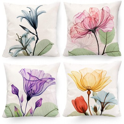 Hexagram Decorative Floral Flower Pillow Covers 18 x 18 Blue Pink Purple Green Yellow Decor Flower Throw Pillow Covers Set of 4 Linen Cushion Case for Living Room Couch Sofa Patio Outdoor Home Decor - BXHHCZJQH