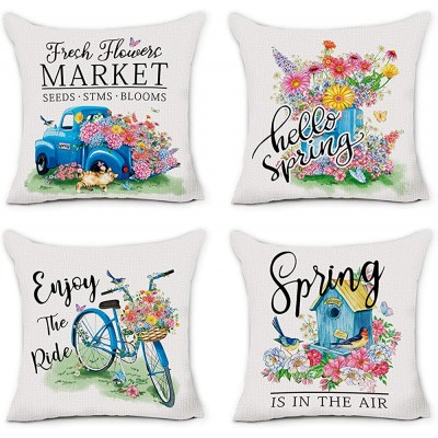 Hexagram Spring Pillow Covers 18 x 18 Set of 4 Farmhouse Decorative Fresh Flowers Blue Truck Linen Throw Pillow Cover for Living Room Couch Bedding Porch Outdoor Spring Summer Home Decorations - BZVS891U4