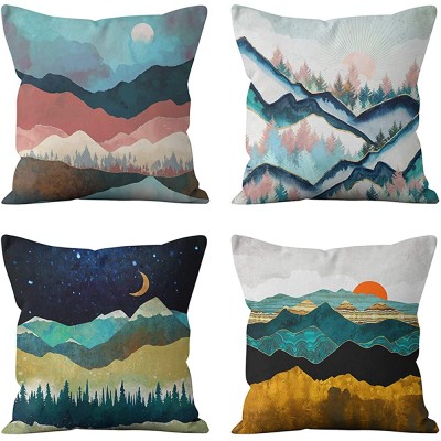 HEYHOUSENNY Cartoon Boho Tree Landscape Pillow Covers Spring Woodland Mountains Decorative Throw Pillow Covers Floral Cushion Covers Square Outdoor Pillowcase for Sofa 18x18 Set of 4 - BMQQGUC8N