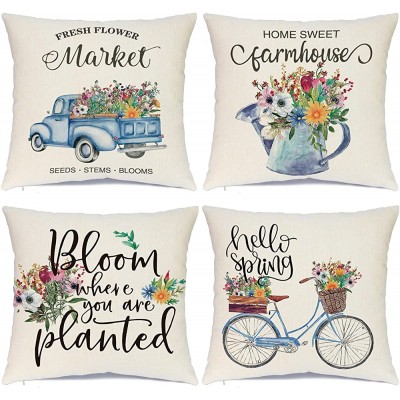 Hlonon Spring Pillow Covers 18 x 18 Set of 4 Farmhouse Decorative Pillow Covers Blue Truck Bicycle Fresh Flowers Throw Pillow for Spring Home Décor - B1MXYZNLE
