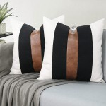 JASEN Set of 2 Faux Leather and Linen Throw Pillow Covers 18x18 Inch Black and White Modern Farmhouse Decorative Accent Cushion Covers for Couch Sofa - BZKLFOT08