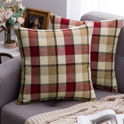 MIULEE Pack of 2 Decorative Throw Pillow Covers Checkered Plaids Tartan Linen Rustic Farmhouse Square Cushion Case for Decor Bench Sofa Couch Car Bedroom Red and Tan 18x18 inch - B7HCDHYKG